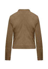 Giacca in suede sintetico marrone con colletto, design corto, maniche lunghe e polsini con zip. Texture liscia con dettagli di cucitura minimi.