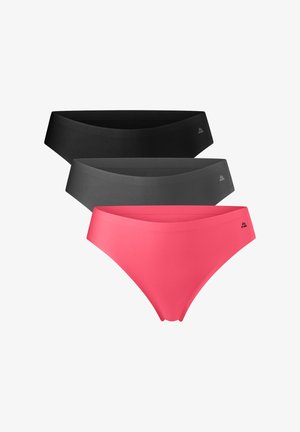 Tři páry bezešvého spodního prádla: jeden černý, jeden tmavě šedý a jeden růžový. Vyrobeno z hladké látky s moderním, minimalistickým designem.