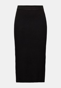 Jupe midi noire en maille avec une silhouette ajustée et une taille élastique, présentant une texture lisse sans motifs ou ornements visibles.