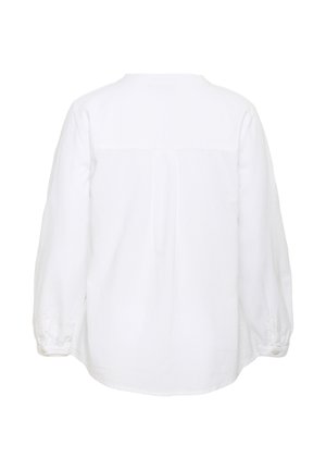 Weiße Bluse mit langen Ärmeln, Rückansicht, mit rundem Ausschnitt, Passe und geknöpften Manschetten.