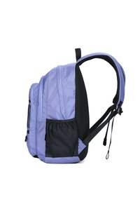 Zaino in tessuto viola con dettagli in rete nera, numerose cerniere, spallacci regolabili e tasca laterale per bottiglie d'acqua o piccoli oggetti.