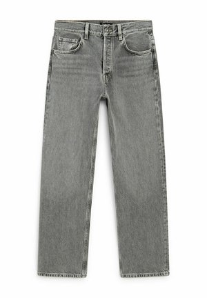 Jeans en denim gris avec une coupe droite, un design à cinq poches, une fermeture à bouton en métal et des détails cousus le long des coutures.