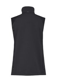 Schwarze ärmellose Weste mit hohem Kragen und dezentem Logo am Nacken, präsentiert vor weißem Hintergrund.