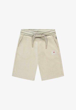 Beige knielange korte broek met geribbelde elastische tailleband, trekkoord, zijzakken en kleine bedrukt tekst op de rechterdij.
