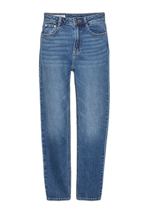 Blue denim jeans with a straight leg design, five-pocket styling, and a high waist. Features light fading and contrasting stitching.