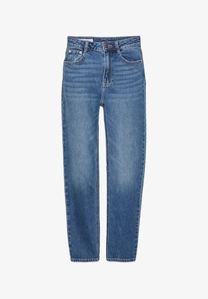 Blue denim jeans with a straight leg design, five-pocket styling, and a high waist. Features light fading and contrasting stitching.