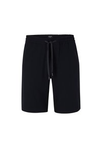 Zwarte shorts van een lichtgewicht stof met een elastische tailleband en trekkoord. Beschikt over zijzakken en een rechte snit.