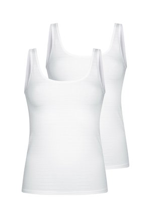 Zwei schlichte weiße ärmellose Tanktops mit Rundhalsausschnitt auf weißem Hintergrund.
