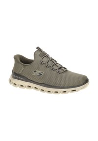 Baskets Skechers slip-on vert olive avec tige en tissu mesh, lacets élastiques et semelle blanche présentant plusieurs ouvertures de ventilation.