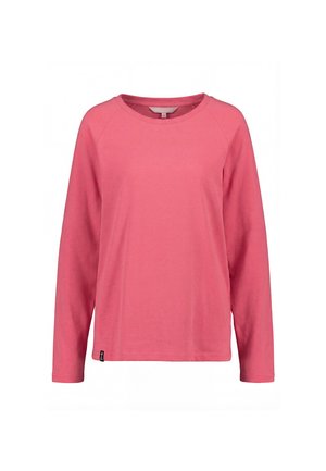 Langärmeliges rosa Rundhalsshirt mit Raglanärmeln und einem kleinen schwarzen Etikett am Saum, vor weißem Hintergrund.