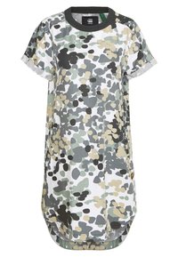 Vaatteet, joka on printattu camouflagemallilla vihreässä, mustassa ja beigeessä, pehmeästä kankaasta valmistettu t-paitamekko, jossa on pyöreä kaula-aukko ja lyhyet hihat, kaareva helma.