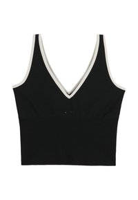 Μαύρο αμάνικο crop top με λευκές λεπτομέρειες κατά μήκος του βαθιού V-λαιμού και των μασχαλών, με εφαρμοστό ριμπ ύφασμα στο κάτω τμήμα.