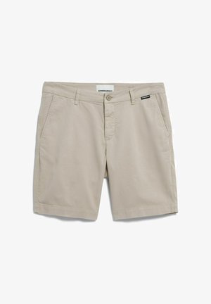 Beige Freizeithosen mit Knopfverschluss, Gürtelschlaufen, vorderen Taschen und einem kleinen schwarzen Markenzeichen auf der rechten Seite.