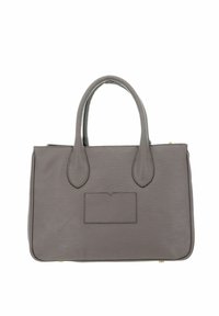 Sac à main structuré gris avec deux poignées arrondies, présentant une surface texturée, une poche frontale rectangulaire et des détails de couture contrastants.