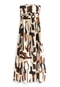 Robe maxi bustier avec corsage froncé arborant un motif géométrique abstrait marron et noir sur fond crème.