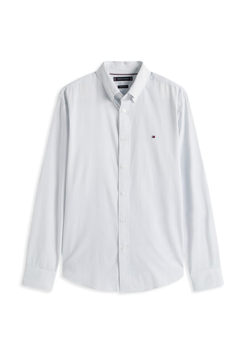 Lichtblauwe lange mouwen button-up shirt met een klein geometrisch patroon, een puntige kraag en een rood, wit en blauw logo op de borst.
