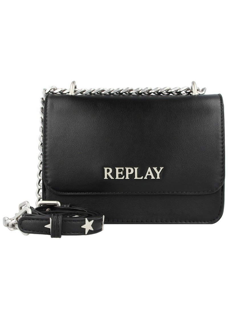 Borsa a tracolla in pelle sintetica nera con tracolla a catena argentata, dotata di chiusura a patta magnetica e logo "REPLAY" in rilievo sul fronte.