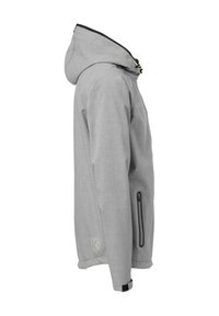 Veste grise à capuche avec une finition texturée, dotée d'une poche zippée sur le côté et de cordons de capuche réglables. Design simple et moderne.