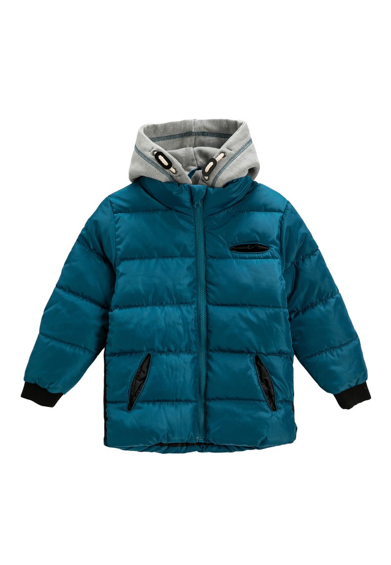 Teal gewatteerde pufferjas met een grijze capuchon, zwarte accenten, ritssluiting en zijzakken. Heeft ribgebreide manchetten voor een snug fit.