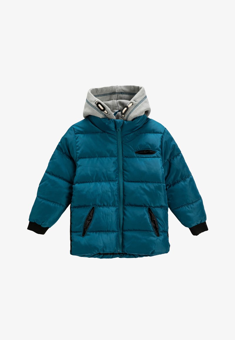 Teal gewatteerde pufferjas met een grijze capuchon, zwarte accenten, ritssluiting en zijzakken. Heeft ribgebreide manchetten voor een snug fit.
