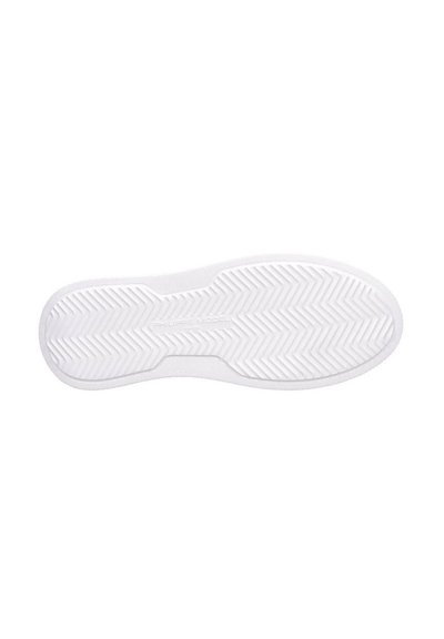 Suela de zapato de goma blanca con un patrón de espiga y superficie texturizada. Presenta un contorno suave y un detalle de marca en el centro.