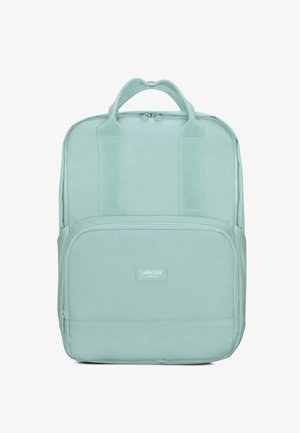 Mentazöld hátizsák két felső fogantyúval, elülső cipzáras zsebbel és sima anyagfelülettel. Erősített varrással és címkével rendelkezik.