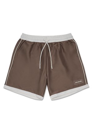 Costume da bagno marroni con coulisse e dettagli bianchi. Presenta tasche laterali e un orlo bianco. Include un piccolo patch con il marchio.