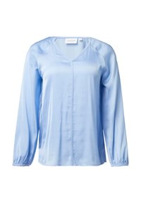 Himmelblause Satinbluse mit langen Ärmeln, V-Ausschnitt und gerafften Manschetten. Verfügt über ein einfaches Design mit glatter Textur und minimaler Detailierung.