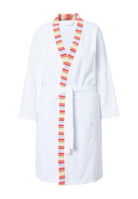 Accappatoio bianco con un vivace bordo a strisce in rosso, arancione, verde e blu, dotato di cintura legata e due tasche anteriori.