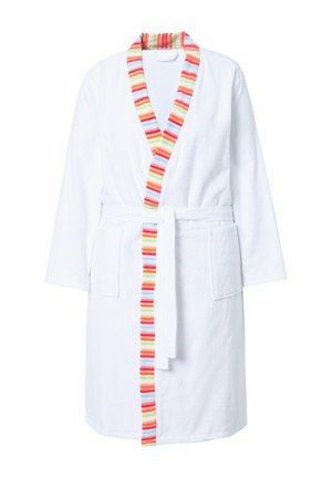 Biały ręcznikowy szlafrok z kolorowym, żywym wykończeniem w paski w odcieniach czerwonym, pomarańczowym, zielonym i niebieskim, z przewiązywanym paskiem i dwiema przednimi kieszeniami.