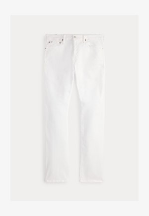 Fehér farmernadrág egyenes szárú szabással, öt zsebbel, rézszínű fém kiegészítőkkel és finom varrási részletekkel. Sima textúrájú, tiszta kivitelben.