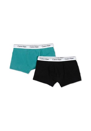 Twee paar herenboxershorts met witte taillebanden van het merk Calvin Klein, één turquoise en één zwart, getoond op een witte achtergrond.
