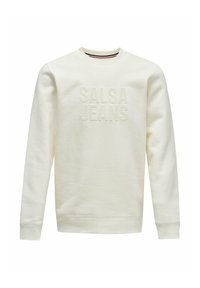 Svetilko v kremni barvi z okroglim izrezom, ki ima na sprednji strani teksturiran logotip "SALSA JEANS" ter rebraste manšete in spodnji rob. Mehka tkanina.