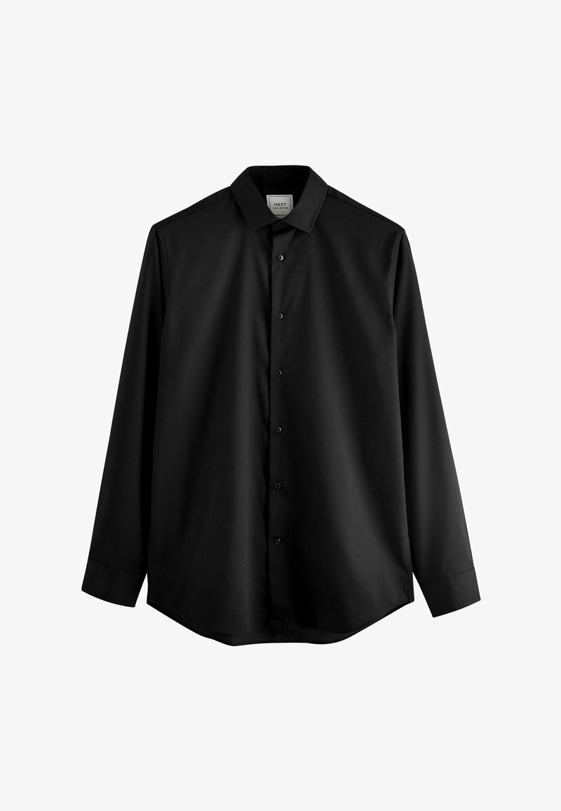 Fekete, hosszú ujjú ing sima anyagból, hegyes gallérral, hét gombos záródással és ívelt aljjal a testhezálló szabás érdekében.