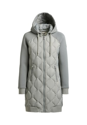 Hellgraue lange Steppjacke mit Kapuze, durchgehendem Reißverschluss vorne, Kordelzug-Details und seitlichen Reißverschlusstaschen.