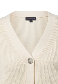 Cremfarbener gerippter Cardigan mit V-Ausschnitt, ausgestattet mit einem einzelnen runden Knopfverschluss und einem Etikett mit der Aufschrift "Franco Callegari", Größe S.