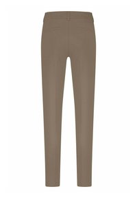 Beige broek met een rechte pijp, twee achterzakken en een gladde stoffen textuur. Beschikt over een standaard tailleband met riemlussen.