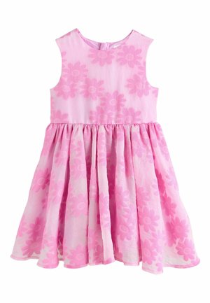 Pink sleeveless dress featuring a floral pattern with large, textured daisies; gathered waist and flowing skirt. Material appears lightweight.