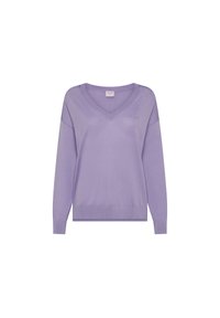Maglione a maniche lunghe di un leggero color viola, con scollatura a V e texture a coste, arricchito da dettagli di cucitura discreti. Vestibilità casual, in tinta unita e con orlo inferiore.