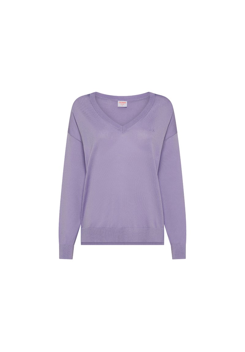 Maglione a maniche lunghe di un leggero color viola, con scollatura a V e texture a coste, arricchito da dettagli di cucitura discreti. Vestibilità casual, in tinta unita e con orlo inferiore.