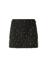 Gonna nera con silhouette aderente, arricchita da decorazioni con perline a motivi floreali e lunghezze variabili sulla superficie.