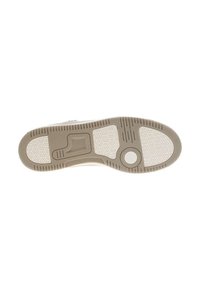 Suola della scarpa con una base in gomma beige, testurizzata con motivi esagonali e scanalature orizzontali per una migliore aderenza; include un dettaglio accentuato circolare.