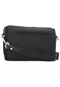 Borsa a tracolla nera in nylon con forma rettangolare, zip argento, tasca frontale, tracolla regolabile e finitura opaca. Design minimalista.