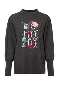 Suéter gris oscuro con el diseño "Ho Ho Ho" y coloridos acentos navideños, que incluyen un bastón de caramelo, copos de nieve y renos.