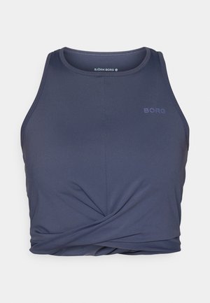 Dark blue athletic tank top with a rounded neckline, featuring a twisted front design and the word "BORG" printed in a lighter shade.