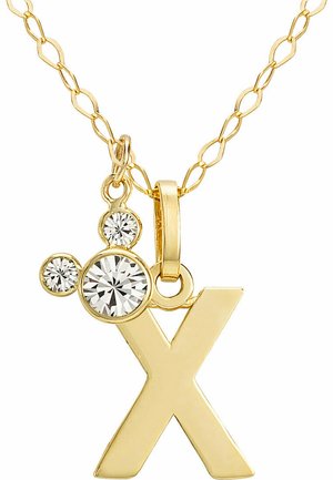 Collier en or avec un grand pendentif en forme de "X" orné de deux cristaux transparents scintillants et d'un charm circulaire supplémentaire.