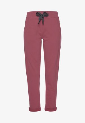 Maroon sweatpants made from soft fabric, featuring a drawstring waist, two side pockets, and rolled hems for a tapered fit.
