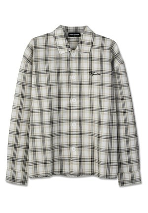 Ilgas rankovėmis mygtukais užsegama marškinėliai su smėlio spalvos, baltos ir juodos spalvų languotu raštu bei juodu išsiuvinėtu logotipu kairėje krūtinės pusėje.