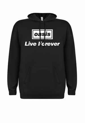 Sort hoodie med en kangaroo-lomme foran. Har et hvidt rektangulært grafik med teksten "oasis" og "Live Forever" i fed skrift.