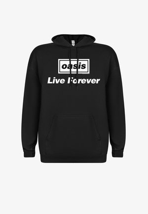 Sort hoodie med en kangaroo-lomme foran. Har et hvidt rektangulært grafik med teksten "oasis" og "Live Forever" i fed skrift.